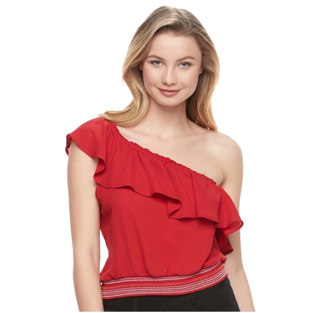 Candie's Red One Shoulder Ruffle Top Size Medium Boho Chic Coquette Date Night M